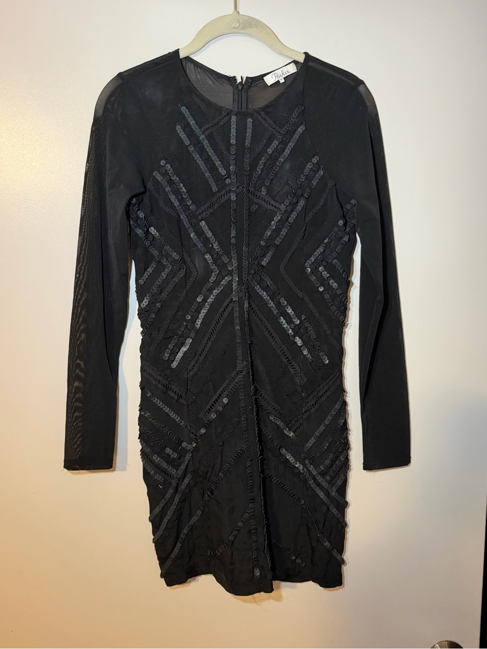 Parker black sequin mini dress with leather sequin geometric pattern, size XS